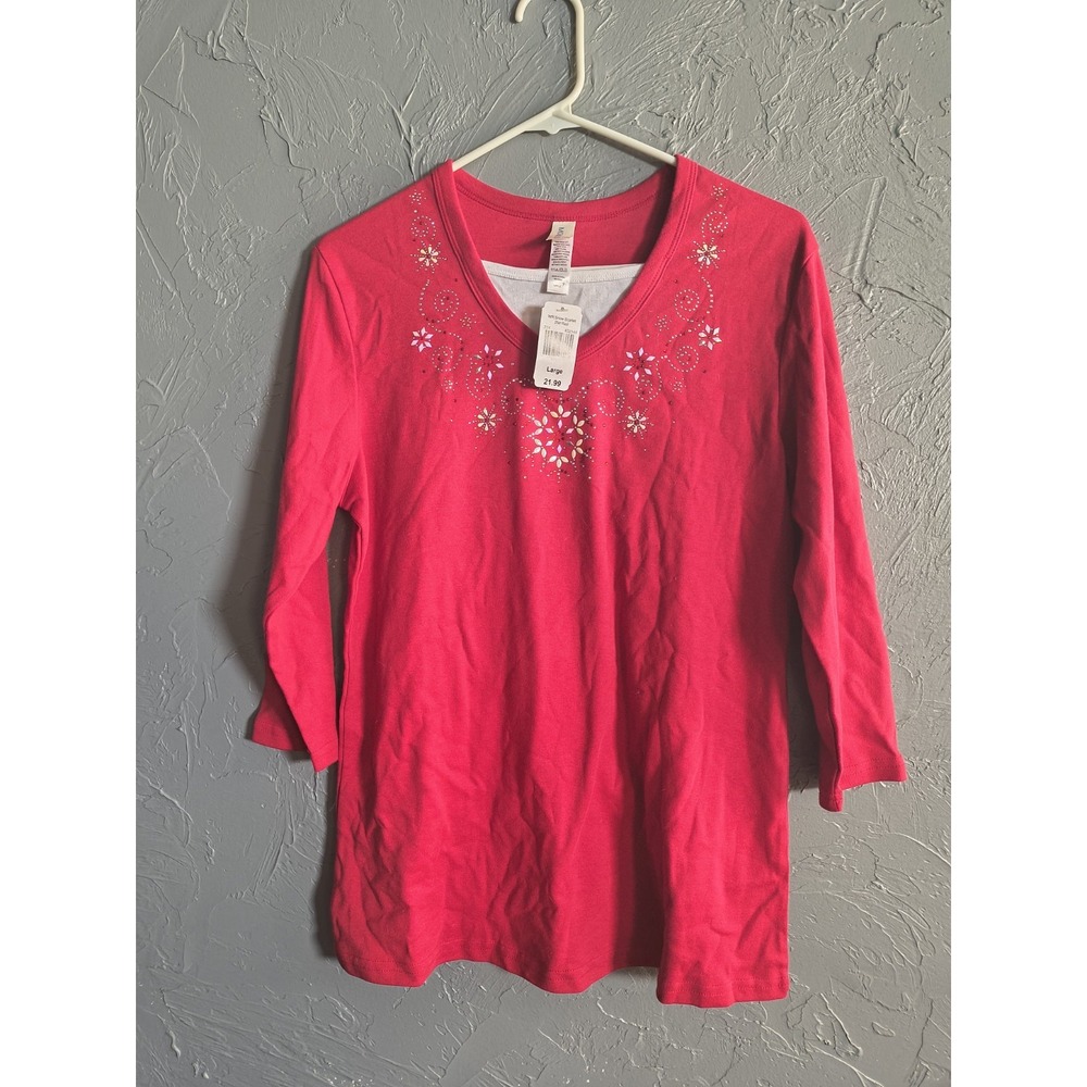 Morning Sun‎ Women's L Red White Embellished Top